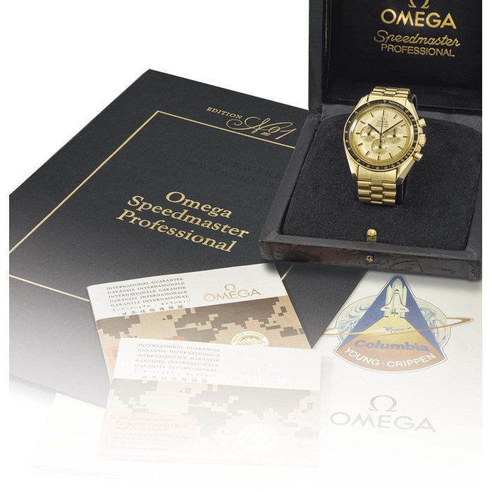 Omega Omega. A very rare and attractive 18K gold limited edition chronograph wristwatch with bracelet and certificate Signed Omega, Speedmaster Professional, "Moonwatch” model, ref. 345.0802 no. A031 , movement no. 45’580’519, circa 1980