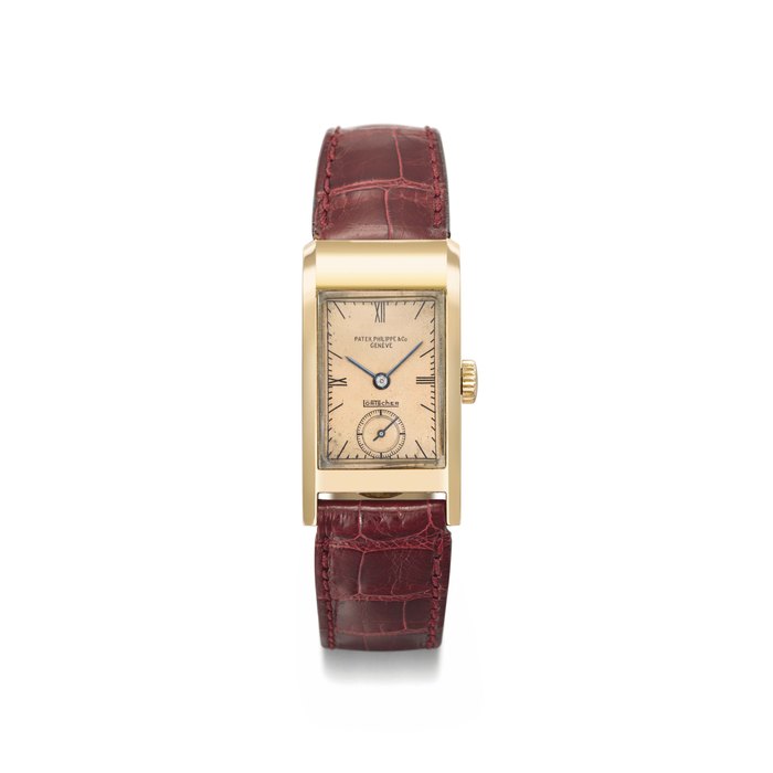 Patek Philippe. A fine and unusual 18K pink gold rectangular curved asymetric wristwatch with pink dial Signed Patek, Philippe & Co, Genène, retailed by Lörtscher, ref. 1401, movement no. 833'109, case no. 618'601, manufactured in 1939