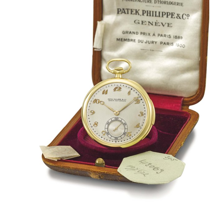 Patek Philippe. A very fine and rare 18K gold openface minute repeating keyless lever watch with Breguet numerals, original box and spare parts Signed Patek Philippe & Cie, Geneva, Switzerland, movement no. 197’872, case no. 413’063, manufactured in 1924