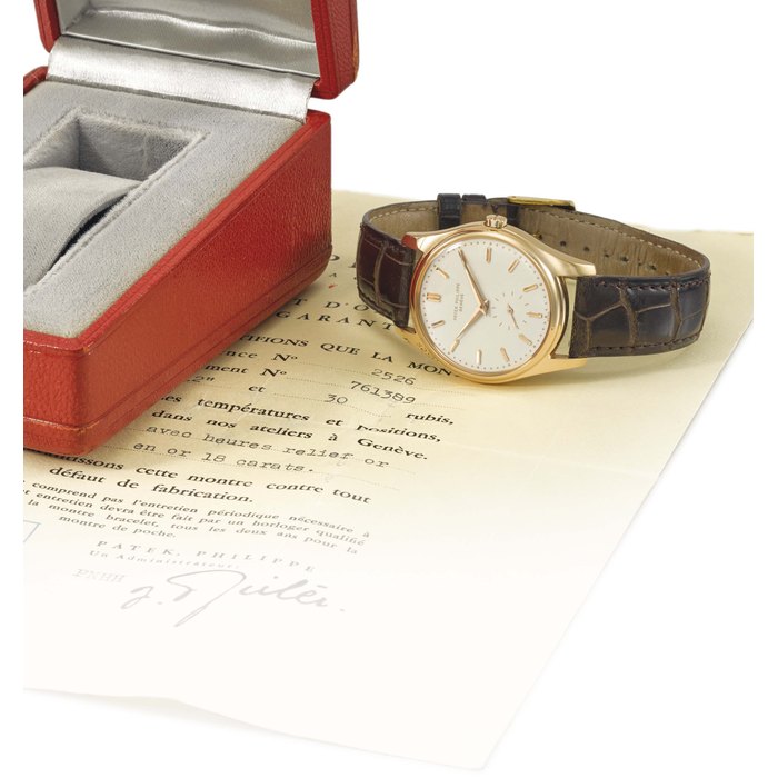 Patek Philippe. A very fine, rare and attractive 18K pink gold wristwatch with cream-coloured enamel dial, original certificate and box Signed Patek Philippe, Genève, Calatrava model, ref. 2526, movement no. 761’389, case no. 686'714, manufactured in 1955