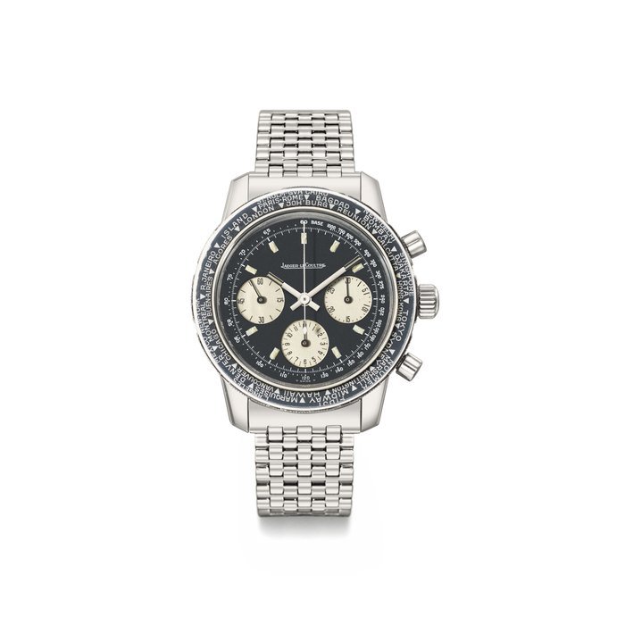 Jaeger-Lecoultre Jaeger-LeCoultre. A rare and attractive stainless steel chronograph wristwatch with black dial, tachometer scale and world time revolving bezel Signed Jaeger-LeCoultre, Ref. 2643/2, model Shark, case no. 283485, circa 1969