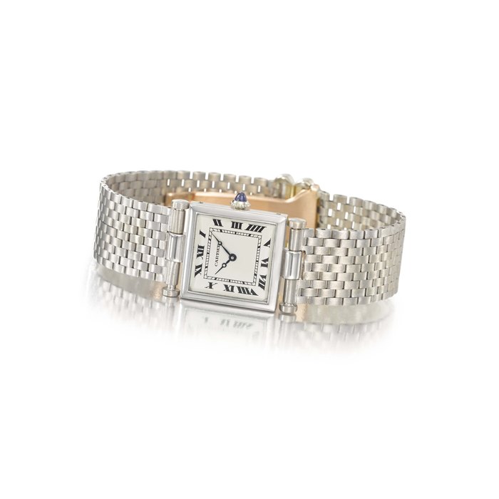 Cartier Cartier. A very fine and extremely rare platinum and 18K gold square wristwatch with Vendome-type lugs, platinum link bracelet and 18K gold deployant clasp Signed Cartier, European Watch & Clock Co. Inc., Carré model, case nos. 15528, 24001, 6555, circa 1925, Price & Market Data