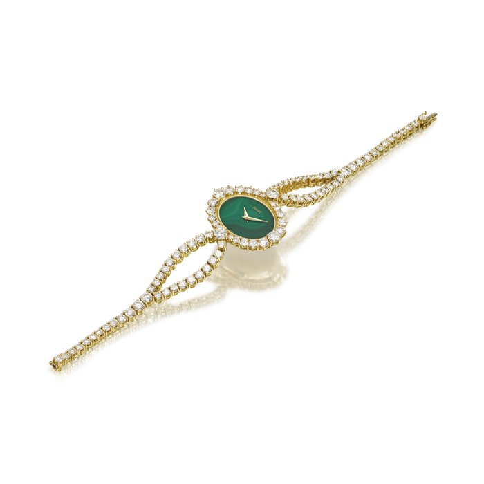 Piaget. A very fine, rare and attractive 18K gold and diamond-set lady’s bracelet watch with malachite dial Signed Piaget, ref. 4323, movement no. 780’725, case no. 304’028, manufactured in 1978