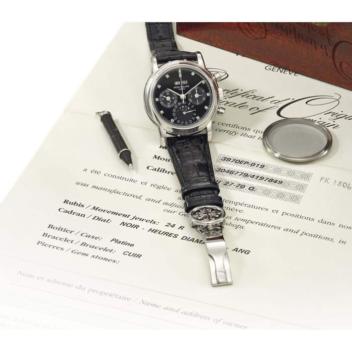 Patek Philippe. A very fine and rare platinum perpetual calendar chronograph wristwatch with moon phases, 24 hour and leap year indication, black dial with diamond numerals, original certificate and box Signed Patek Philippe, Genève, ref. 3970EP, movement no. 3’046’779, case no. 4'197'849, circa 1997