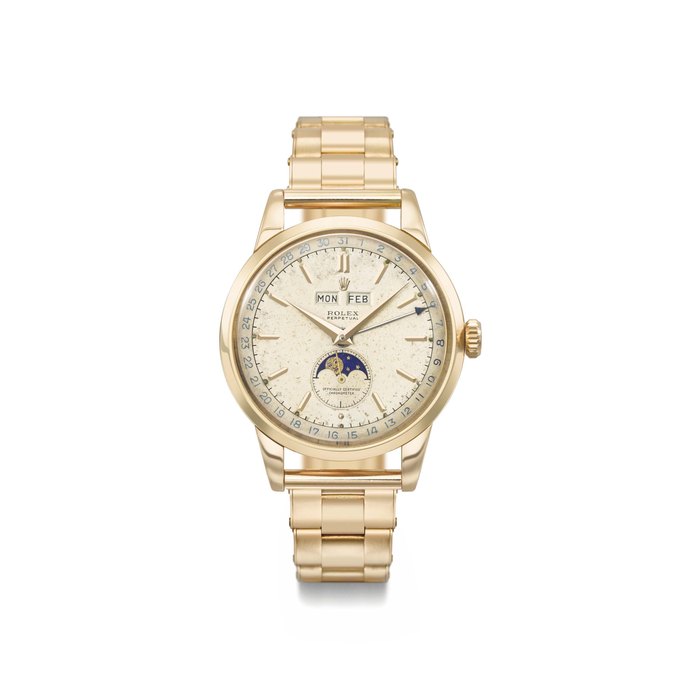 Rolex. An extremely fine, rare and attractive 18K pink gold triple calendar automatic wristwatch with moon phases, two-tone luminous dial, bracelet, Guarantee and box Signed Rolex, Perpetual, ref. 8171, case no. 762'201, circa 1950