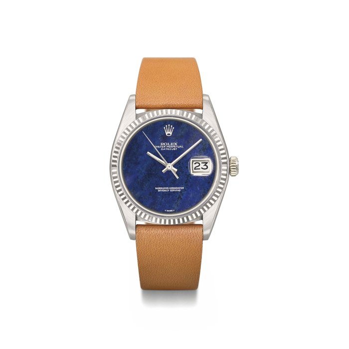 Rolex. A very rare and attractive 18K white gold automatic wristwatch with sweep centre seconds, date and lapis lazuli dial Signed Rolex, Oyster Perpetual, Datejust, ref. 1601, case no. 3'822'712, circa 1974