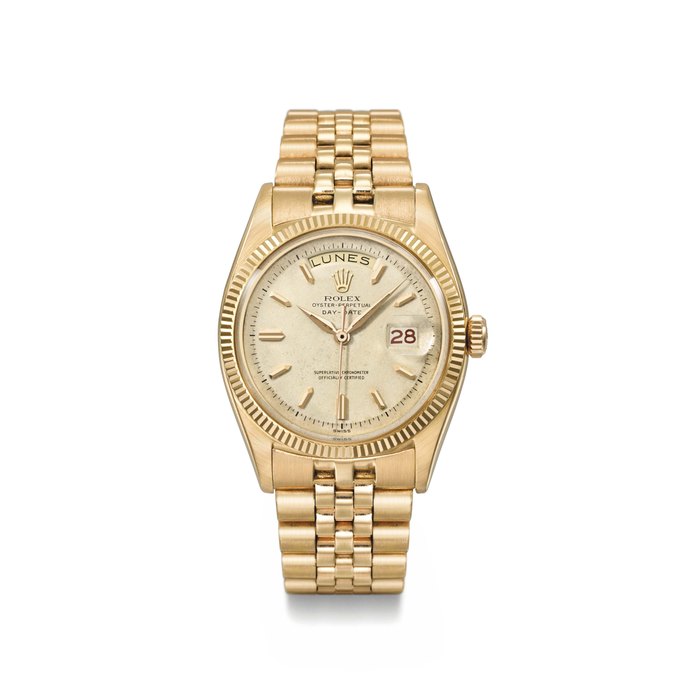 Rolex. A very rare and extremely attractive 18K pink gold automatic calendar wristwatch with sweep centre seconds and bracelet Signed Rolex, Oyster Perpetual, Day-Date, ref. 6611B, case no. 384’677, circa 1958