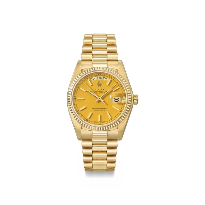 Rolex. A fine and extremely rare 18K gold automatic calendar wristwatch with sweep centre seconds, yellow lacquered dial, bracelet, certificate and box Signed Rolex, Oyster Perpetual, Day-Date, ref. 18038, case no. 6'196'854, manufactured in 1979