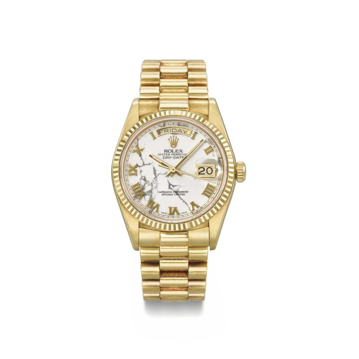 Rolex. A fine and rare 18K gold automatic wristwatch with day, date, sweep centre seconds, marble dial and bracelet Signed Rolex, Oyster Perpetual, Day-Date, ref. 18038, case no. 9768895, circa 1987