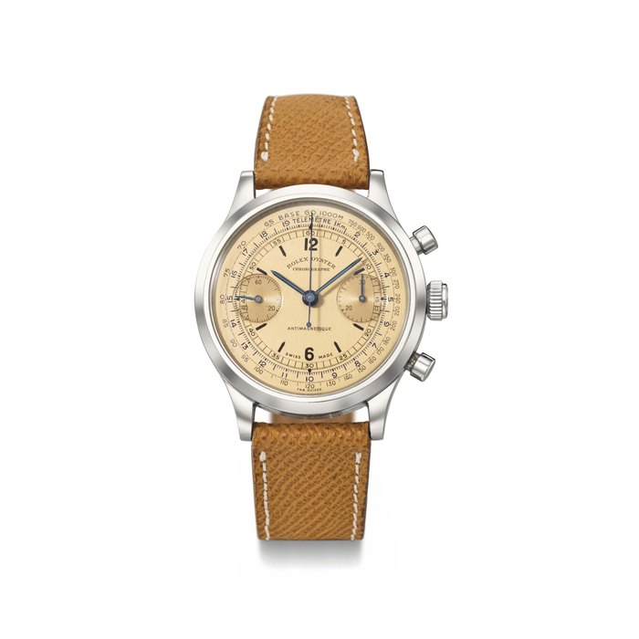 Rolex. An extremely fine, rare and attractive stainless steel chronograph wristwatch with “tropical” salmon dial Signed Rolex, Oyster Chronographe, Antimagnetique, ref. 3525, case no. 185'896, circa 1941
