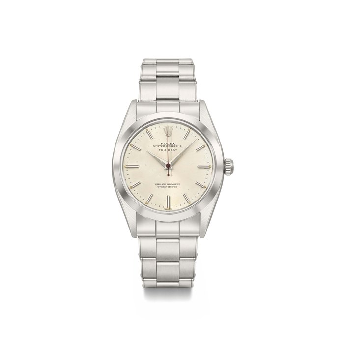 Rolex. A fine and rare stainless steel automatic wristwatch with dead-beat jump centre seconds and bracelet Signed Rolex, Oyster Perpetual, Tru-Beat, ref. 6556, case no. 139'166, manufactured in 1956