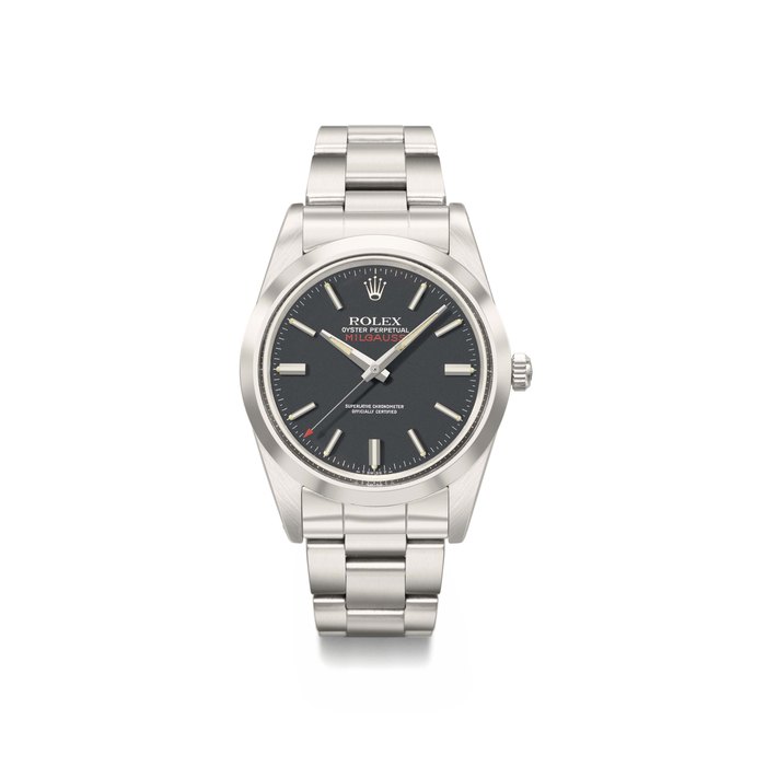 Rolex. A fine and rare stainless steel automatic anti-magnetic wristwatch with sweep centre seconds and bracelet Signed Rolex, Oyster Perpetual, Milgauss, ref. 1019, case no. 6’136’669, circa 1979
