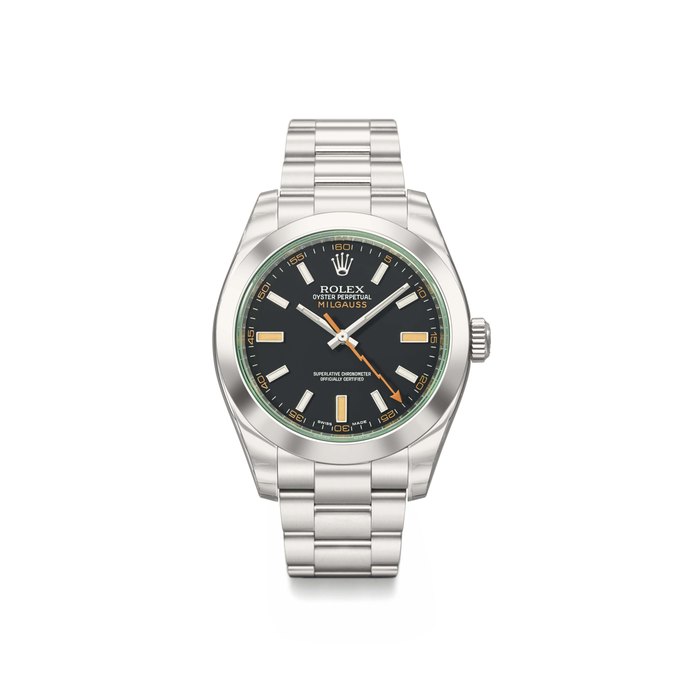 Rolex. A fine stainless steel automatic anti-magnetic wristwatch with sweep centre seconds, green-tinted crystal, bracelet, Guarantee and box Signed Rolex, Oyster Perpetual, Milgauss, ref. 116400GV, case no. V729464, circa 2010