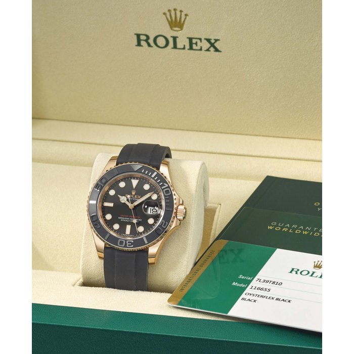 Rolex. A fine and rare unworn 18K pink gold “Everose” automatic wristwatch with centre seconds, date, black rubber “Oysterflex” bracelet, 18K pink gold “Everose” deployant clasp, Certificate and box Signed Rolex, Oyster Perpetual Date, Yacht-Master, ref. 116655, case no. 7L39T810, manufactured in 2016