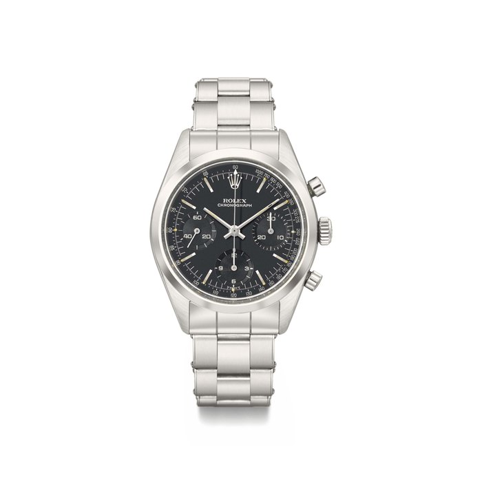 Rolex. A fine and very rare stainless steel chronograph wristwatch with black dial and bracelet Signed Rolex, Chronograph, ref. 6238, case no. 1’206’608, circa 1965