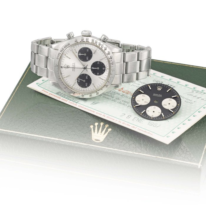 Rolex Rolex. A very fine and early stainless steel chronograph wristwatch with bracelet, additional black dial, Garantie, invoice and box Signed Rolex, Cosmograph, ref. 6239, case no. 923’477, circa 1963 · 6239