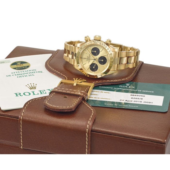 Rolex. A very rare and very fine 18K gold chronograph wristwatch with bracelet Signed Rolex, Oyster, Cosmograph, ref. 6265, movement no. 17’347, case no. 9'649'250, circa 1987