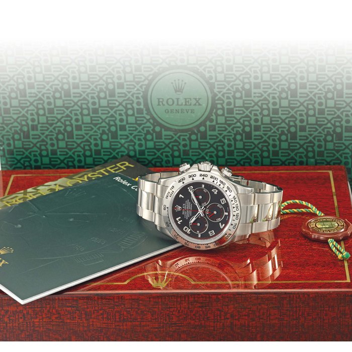 Rolex. A fine 18K white gold automatic chronograph wristwatch with bracelet and box Signed Rolex, Oyster Perpetual, Cosmograph, Daytona, ref. 116509, case no. D120046, circa 2005