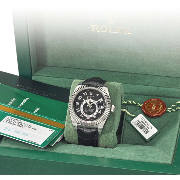 Rolex. A fine 18K white gold dual time annual calendar wristwatch with sweep centre seconds Signed Rolex, Sky-Dweller, Oyster Perpetual, ref. 326139, case no. 486U6103, circa 2014