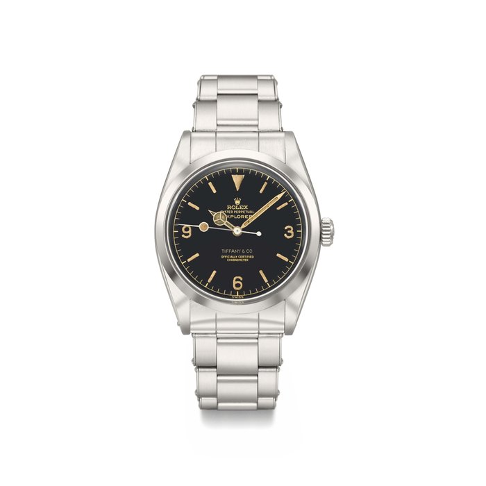 Rolex. A very fine and rare stainless steel automatic wristwatch with sweep centre seconds and bracelet Signed Rolex, Oyster Perpetual, Explorer, retailed by Tiffany, ref. 6610, case no. 168’428, circa 1956