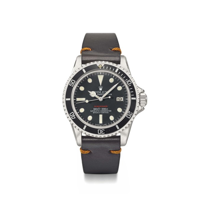 Rolex. A fine and unusual stainless steel automatic wristwatch with sweep centre seconds and date Signed Rolex, Oyster Perpetual Date, Submariner, 660ft = 200m, “Red Submariner” model, ref. 1680, case no. 3’422’421, circa 1972