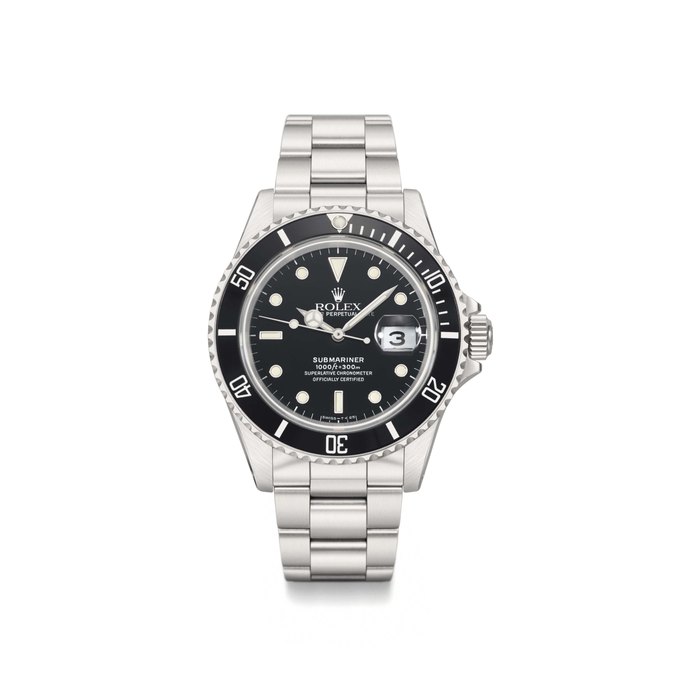 Rolex. A stainless steel automatic wristwatch with sweep centre seconds, date, additional blue dial, blue bezel, Garantie and box Signed Rolex, Oyster Perpetual Date, Submariner, 1000ft=300mt, ref. 16610, case no. L438126, circa 1989