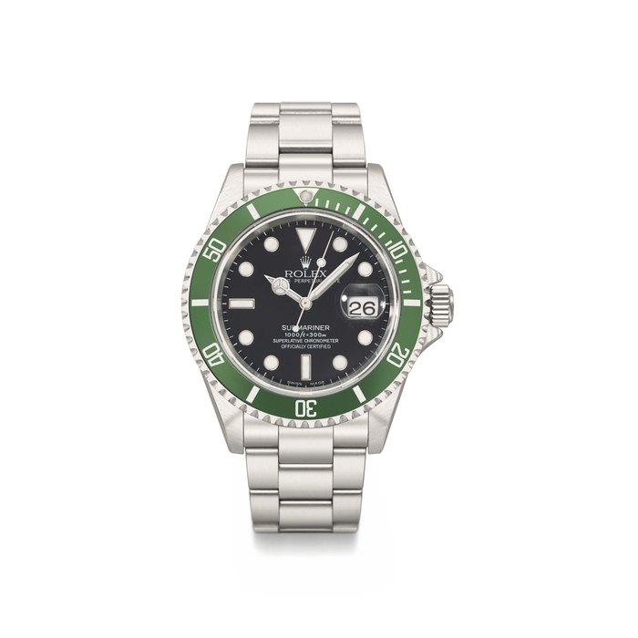 Rolex. A fine stainless steel automatic diver’s wristwatch with sweep centre seconds, date, bracelet, green bezel, Guarantee and box Signed Rolex, Oyster Perpetual Date, Submariner, 1000ft = 300m, ref. 16610LV, case no. F320908, circa 2004