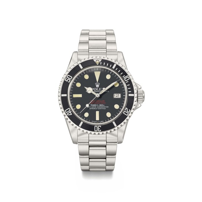 Rolex. A fine and rare stainless steel automatic diver’s wristwatch with sweep centre seconds, date, Double Red SeaDweller dial, gas escape valve and bracelet Signed Rolex, Oyster Perpetual Date, Sea-Dweller, 2000ft = 610m, ref. 1665, case no. 5’193’297, circa 1977