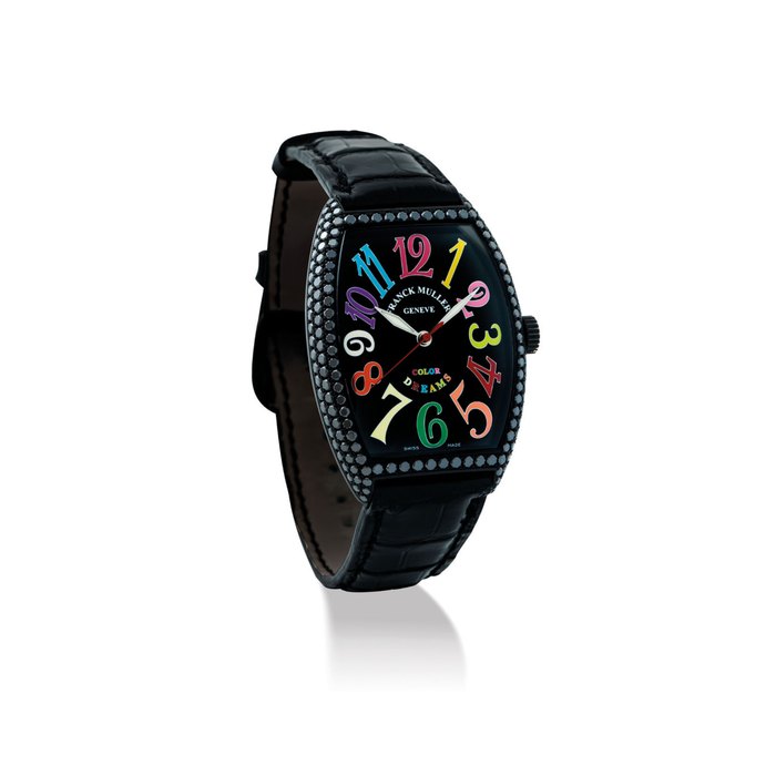 FRANCK MULLER. A BLACKENED 18K WHITE GOLD AND BLACK DIAMOND-SET TONNEAU-SHAPED AUTOMATIC WRISTWATCH WITH SWEEP CENTRE SECONDS SIGNED FRANCK MULLER, GENEVE, COLOR DREAMS MODEL, REF. 6850 SC D NR, CASE NO. 20, CIRCA 2010