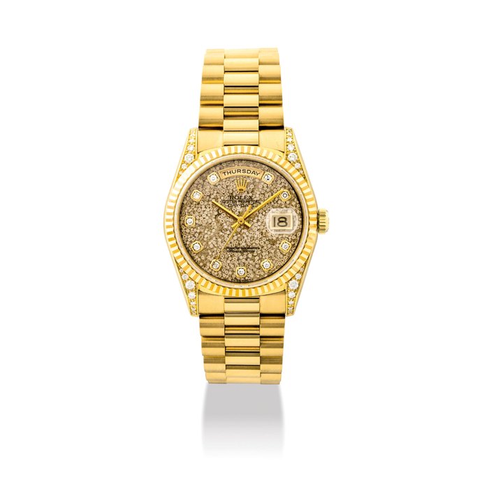 ROLEX. A FINE AND VERY RARE 18K GOLD AND DIAMOND-SET AUTOMATIC WRISTWATCH WITH SWEEP CENTRE SECONDS, DAY, DATE, BRACELET AND PETRIFIED FOSSIL HARD STONE DIAL SIGNED ROLEX, OYSTER PERPETUAL, DAY-DATE MODEL, REF. 18338, CASE NO. W020209, CIRCA 1995