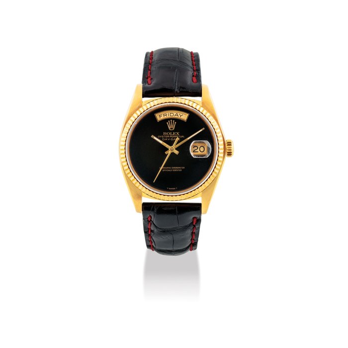 ROLEX. A FINE 18K GOLD AUTOMATIC WRISTWATCH WITH SWEEP CENTRE SECONDS, DAY, DATE AND ONYX DIAL SIGNED ROLEX, OYSTER PERPETUAL, DAY-DATE MODEL, REF. 18038, CASE NO. 6’739’608, CIRCA 1981