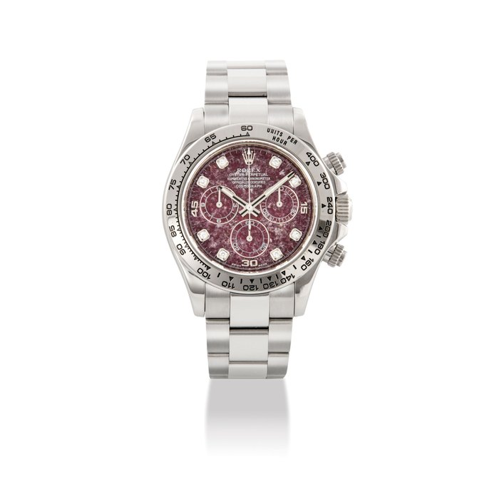 ROLEX. A FINE AND UNUSUAL 18K WHITE GOLD AND DIAMOND-SET AUTOMATIC CHRONOGRAPH WRISTWATCH WITH BRACELET AND GROSSULAR GARNET DIAL SIGNED ROLEX, OYSTER PERPETUAL, COSMOGRAPH, DAYTONA, REF. 116509H, CASE NO. V225663, CIRCA 2009