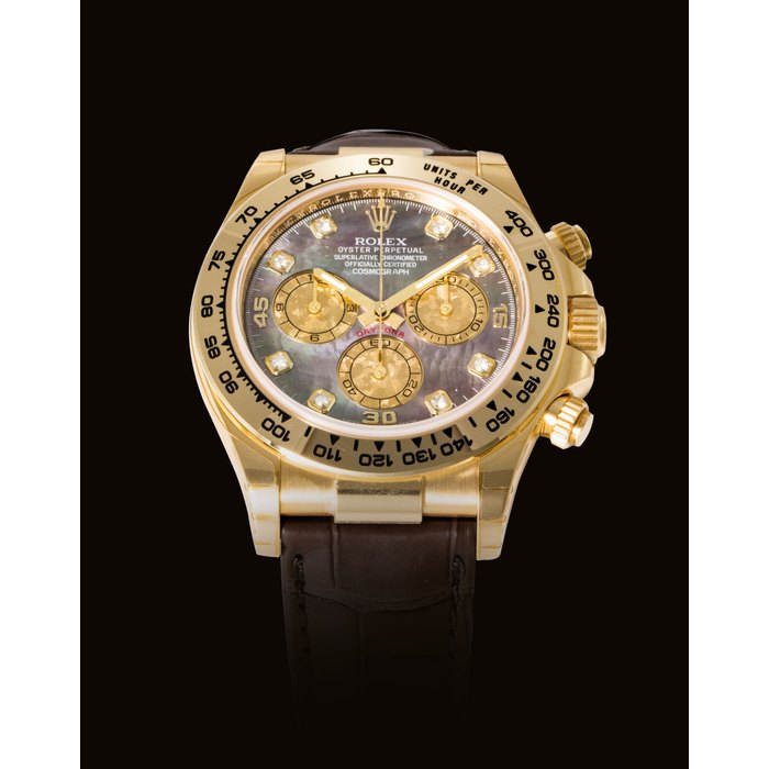 ROLEX. A FINE AND UNUSUAL 18K GOLD AND DIAMOND-SET AUTOMATIC CHRONOGRAPH WRISTWATCH WITH MOTHER-OF-PEARL DIAL SIGNED ROLEX, OYSTER PERPETUAL, COSMOGRAPH, DAYTONA, REF. 116518, CASE NO. 3J07W413, CIRCA 2010