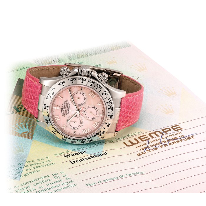 ROLEX. A FINE 18K WHITE GOLD AUTOMATIC CHRONOGRAPH WRISTWATCH WITH PINK MOTHER-OF-PEARL DIAL SIGNED ROLEX, OYSTER PERPETUAL, COSMOGRAPH, DAYTONA MODEL, REF. 116519, CASE NO. Y522913, CIRCA 2002