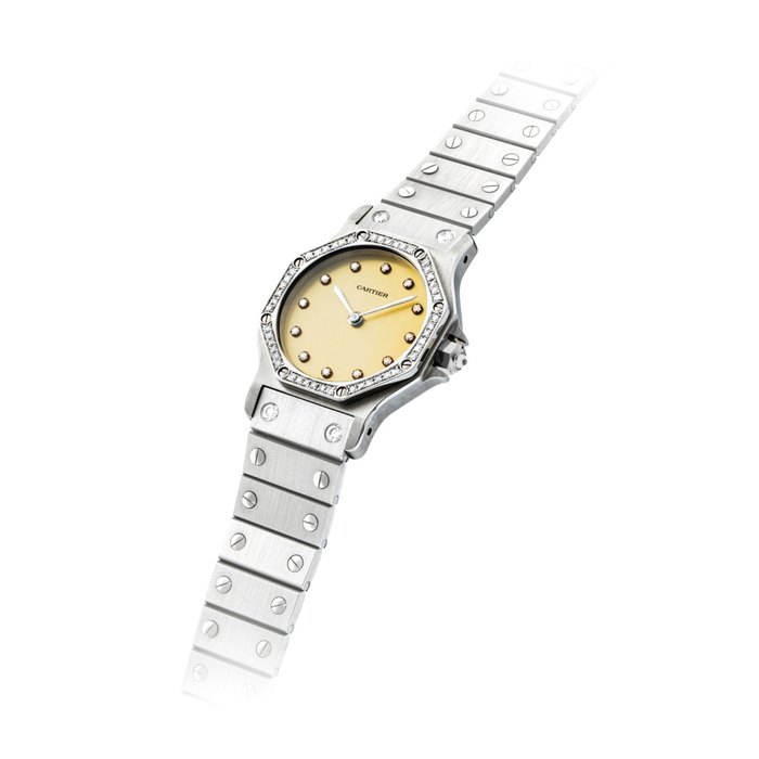 CARTIER. A PLATINUM AND DIAMOND-SET AUTOMATIC WRISTWATCH WITH BRACELET SIGNED CARTIER, SANTOS MODEL, CASE NO. 296’502’270, CIRCA 1980