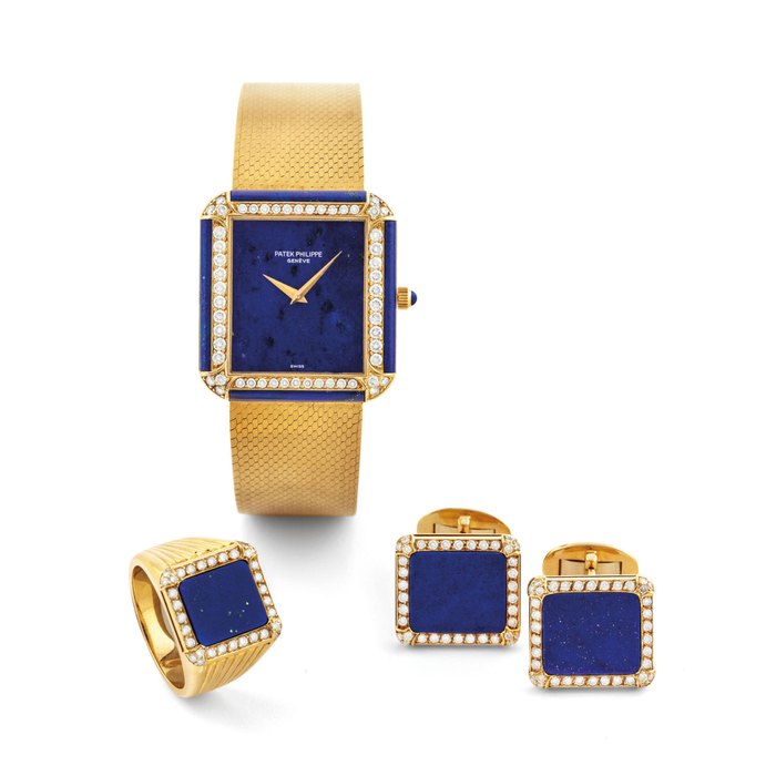 PATEK PHILIPPE. A FINE AND RARE 18K GOLD, LAPIS LAZULI AND DIAMOND-SET BRACELET WATCH WITH A PAIR OF MATCHING CUFFLINKS AND RING SIGNED PATEK PHILIPPE, GENEVE, REF. 3727/4, MOVEMENT NO. 1'278'141, CASE NO. 2'765'541, MANUFACTURED IN 1976