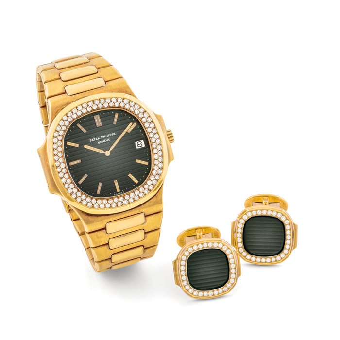 PATEK PHILIPPE. A VERY RARE AND ATTRACTIVE 18K GOLD AND DIAMOND-SET AUTOMATIC WRISTWATCH WITH DATE, BRACELET AND A PAIR OF CUFFLINKS SIGNED PATEK PHILIPPE, GENEVE, NAUTILUS MODEL, REF. 3700/3, MOVEMENT NO. 1'309'873, CASE NO. 551'419, MANUFACTURED IN 1981