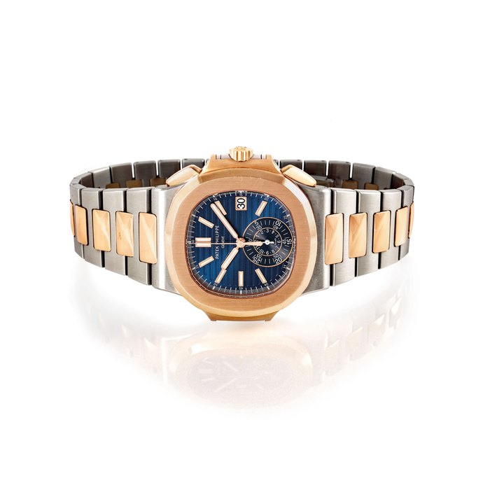 PATEK PHILIPPE. A FINE 18K PINK GOLD AND STAINLESS STEEL AUTOMATIC CHRONOGRAPH WRISTWATCH WITH DATE, BRACELET, ORIGINAL CERTIFICATE AND BOX SIGNED PATEK PHILIPPE, GENEVE, NAUTILUS MODEL, REF. 5980/1AR, MOVEMENT NO. 5’886’069, CASE NO. 6'006'776, CIRCA 2014