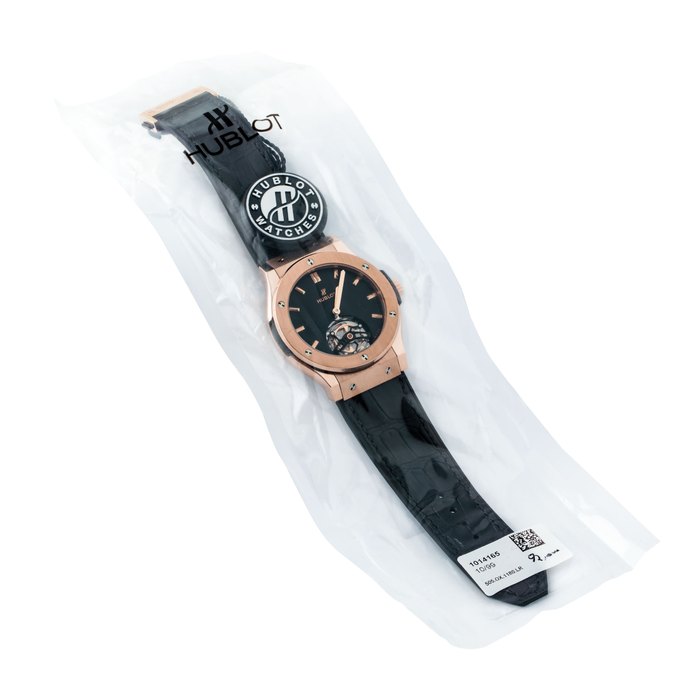 HUBLOT. A FINE AND RARE 18K PINK GOLD LIMITED EDITION TOURBILLON WRISTWATCH SIGNED HUBLOT, CLASSIC FUSION MODEL, NO. 10/99, REF. 505.OX.1180.LR, CASE NO. 1’014’165, CIRCA 2010