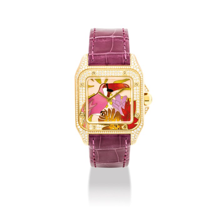 CARTIER. A FINE AND RARE 18K GOLD, ENAMEL AND DIAMOND-SET LIMITED EDITION SQUARE AUTOMATIC WRISTWATCH WITH ENAMEL DIAL SIGNED CARTIER, CARTIER D'ART SANTOS 100 MODEL, NO. 36/40, CIRCA 2005