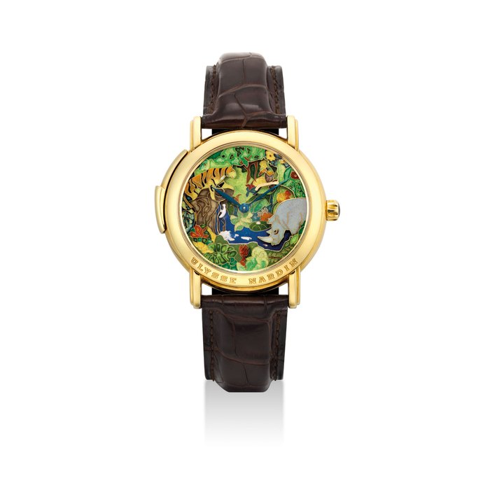 ULYSSE NARDIN. A VERY FINE AND RARE 18K GOLD MINUTE REPEATING WRISTWATCH WITH THREE AUTOMATON SCENE AND CLOISONNÉ ENAMEL DIAL SIGNED ULYSSE NARDIN, JUNGLE MINUTE REPEATER MODEL, NO. 18, REF. 721-22, CIRCA 2005