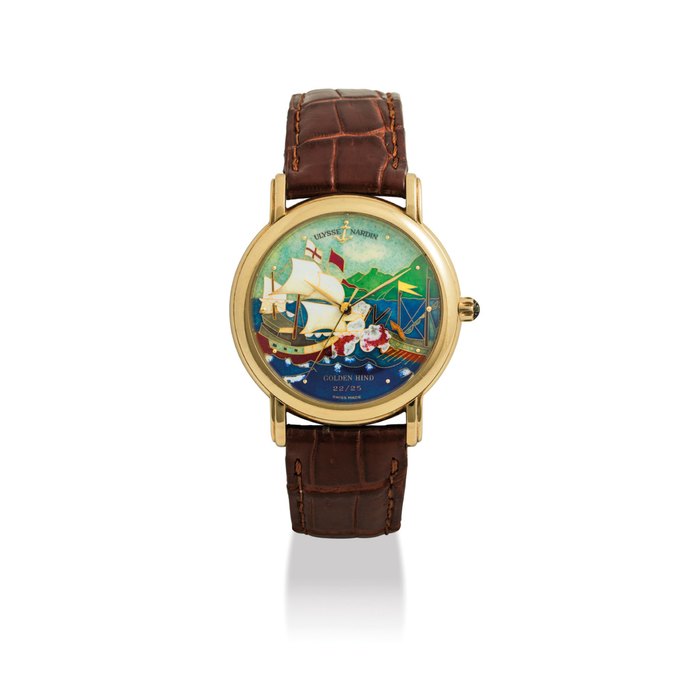 ULYSSE NARDIN. A FINE AND RARE 18K GOL D LIMITED EDITION AUTOMATIC WRISTWATCH WITH SWEEP CENTRE SECONDS AND CLOISONNÉ ENAMEL DIAL SIGNED ULYSSE NARDIN, SAN MARCO, GOLDEN HIND, NO. 22/25, REF. 131-77-9, CASE NO. 7579, CIRCA 1996