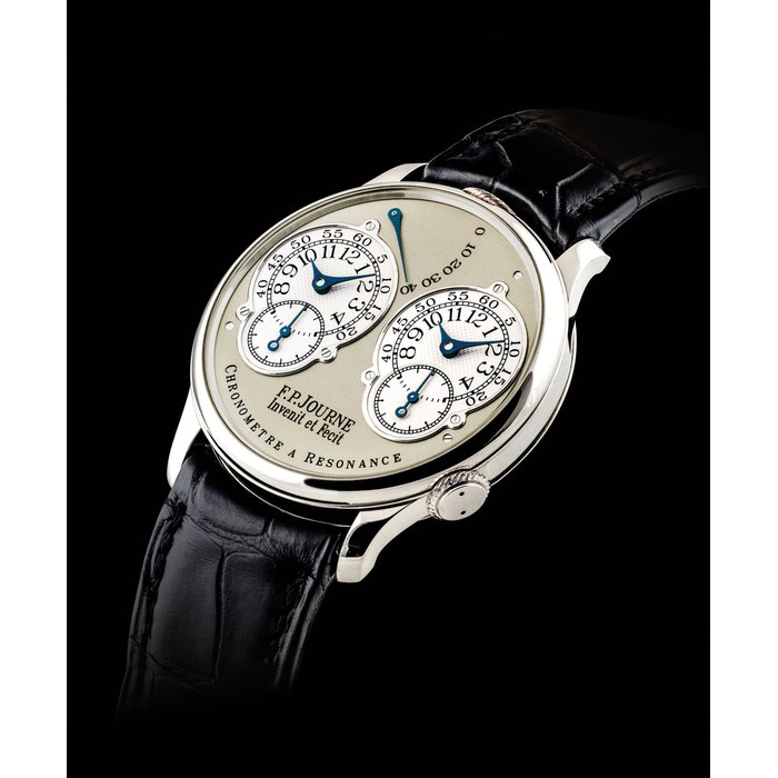 F.P. JOURNE. A FINE AND RARE PLATINUM DUAL TIME CHRONOMETER WRISTWATCH WITH RESONANCE-CONTROLLED TWIN INDEPENDENT GEAR-TRAIN MOVEMENT AND POWER RESERVE SIGNED F.P. JOURNE, INVENIT ET FECIT, CHRONOMÈTRE À RÉSONANCE MODEL, CASE NO. 272-02R, CIRCA 2002
