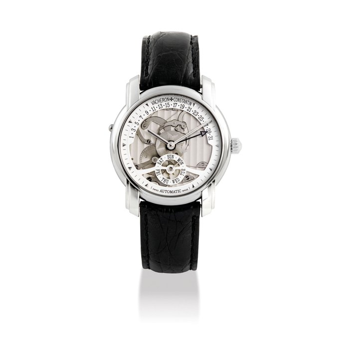 VACHERON CONSTANTIN. A FINE AND RARE PLATINUM LIMITED EDITION AUTOMATIC SEMI-SKELETONISED WRISTWATCH WITH DAY AND RETROGRADE DATE, MADE TO COMMEMORATE THE 247TH ANNIVERSARY OF VACHERON CONSTANTIN SIGNED VACHERON CONSTANTIN, GENEVE, PATRIMONY RETROGRADE MODEL, NO. 178/247, REF. 47247, MOVEMENT NO. 887’935, CASE NO. 768’682, CIRCA 2002