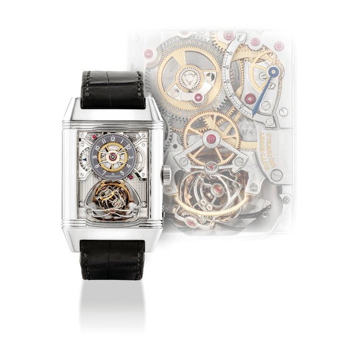 Jaeger-Lecoultre JAEGER-LECOULTRE. AN IMPORTANT, VERY FINE AND VERY RARE 18K WHITE GOLD LIMITED EDITION RECTANGULAR REVERSIBLE SKELETONISED MULTI-AXIS SPHERICAL TOURBILLON WRISTWATCH WITH POWER RESERVE AND 24 HOUR INDICATION SIGNED JAEGER-LECOULTRE, REVERSO GYROTOURBILLON 2 MODEL, NO. 15/20, REF. 247.307, CASE NO. 2’725’189, CIRCA 2012, Price & Market Data