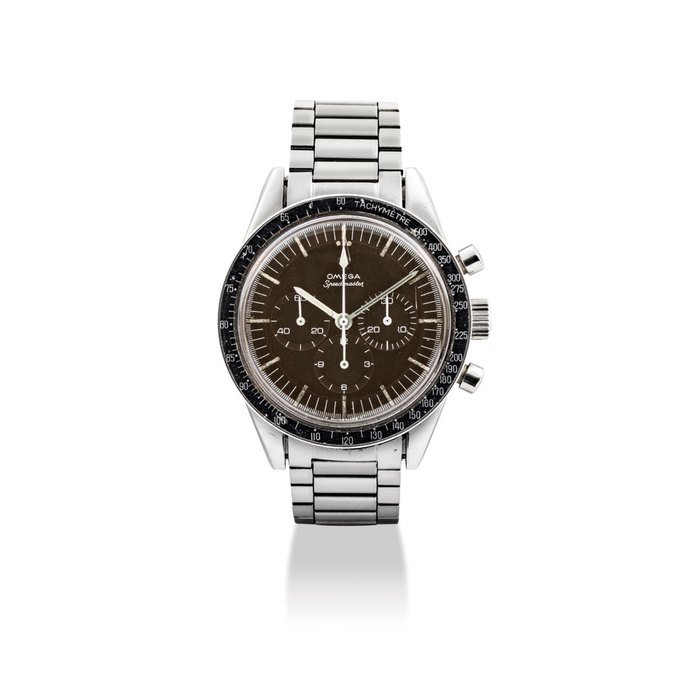 Omega OMEGA. A FINE AND RARE STAINLESS STEEL CHRONOGRAPH WRISTWATCH WITH BRACELET AND COLOUR CHANGE DIAL SIGNED OMEGA, SPEEDMASTER, REF. 105.003-64, ED WHITE MODEL, MOVEMENT NO. 22’088’774, CIRCA 1964