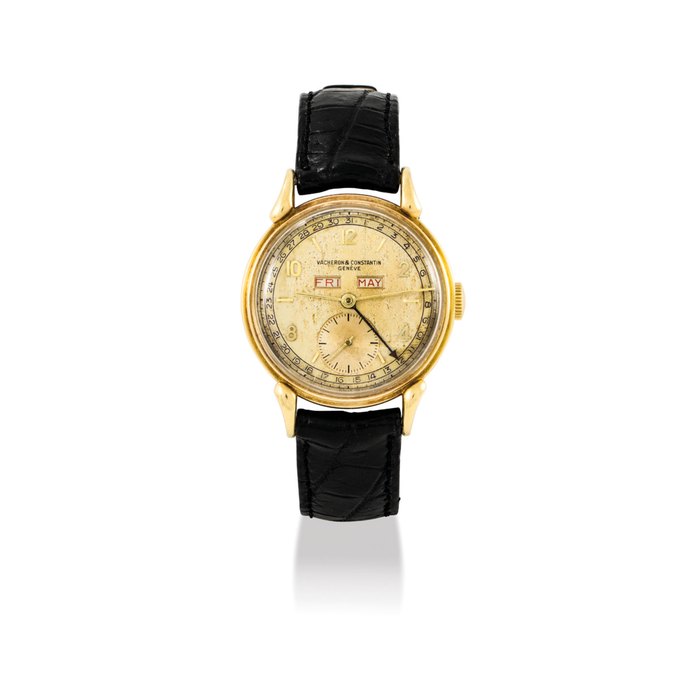 VACHERON CONSTANTIN. A FINE 18K GOLD TRIPLE CALENDAR WRISTWATCH WITH MOON PHASES SIGNED VACHERON & CONSTANTIN, GENEVE, MOVEMENT NO. 463’683, CASE NO. 328’699, CIRCA 1950
