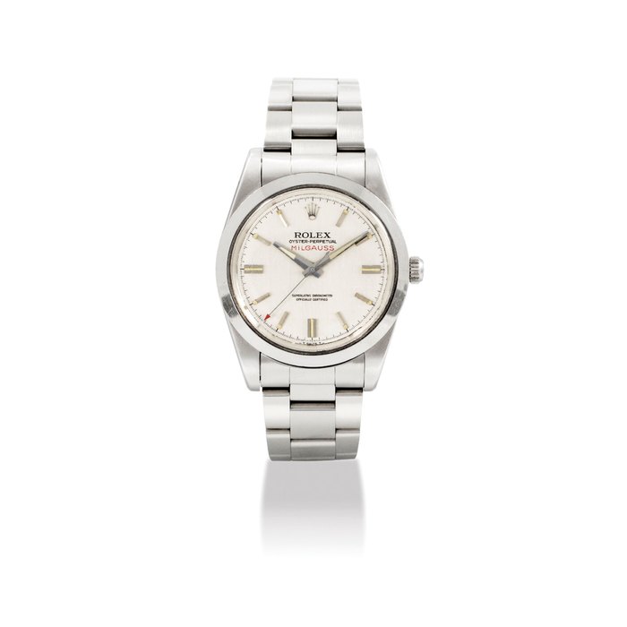 ROLEX. A STAINLESS STEEL AUTOMATIC ANTI-MAGNETIC WRISTWATCH WITH SWEEP CENTRE SECONDS AND BRACELET SIGNED ROLEX, OYSTER PERPETUAL, MILGAUSS, REF. 1019, CASE NO. 2’555’351, CIRCA 1970