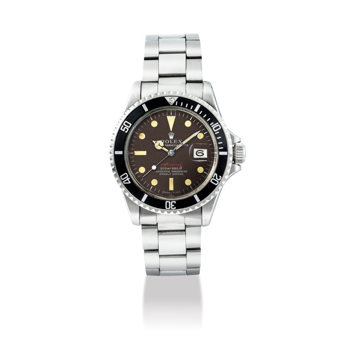 ROLEX. A FINE AND RARE STAINLESS STEEL AUTOMATIC WRISTWATCH WITH SWEEP CENTRE SECONDS, DATE, BRACELET AND TROPICAL DIAL SIGNED ROLEX, OYSTER PERPETUAL, SUBMARINER, REF. 1680, CASE NO. 2’299’554, CIRCA 1969