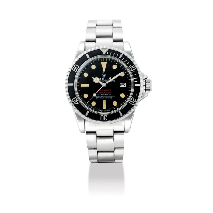 ROLEX. A RARE STAINLESS STEEL AUTOMATIC WRISTWATCH WITH SWEEP CENTRE SECONDS, DATE AND BRACELET SIGNED ROLEX, OYSTER PERPETUAL, SEA-DWELLER, SUBMARINER 2000, REF. 1665, CASE NO. 5’298’195, CIRCA 1977